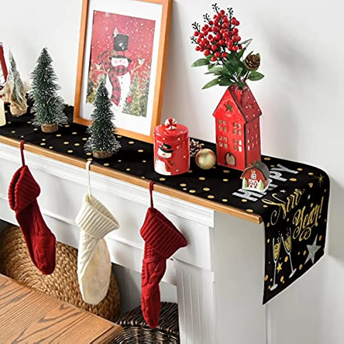 New Years Table Runner - Black and Gold Happy New Year Linen