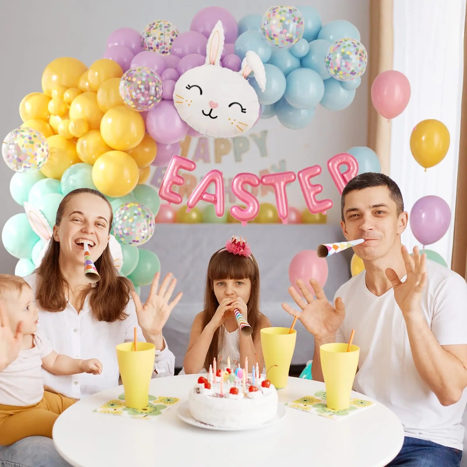 Easter Balloon Garland Arch Kit – Happy Easter Bunny Pastel Rainbow Balloons for Egg Hunt, Baby Shower & Spring Birthday Party Decorations (120 PCS)
