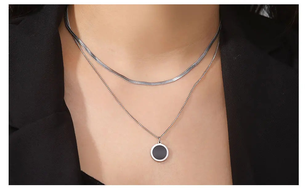 Multilayer Snake Chain Necklace for Women – Stainless Steel Round Disc Pendant (Gold & Steel)