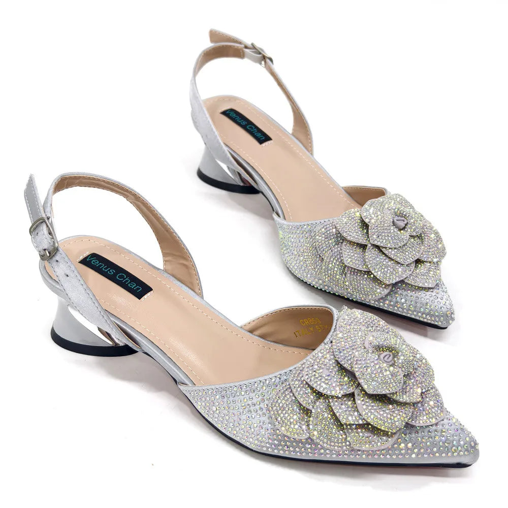Women’s Peach Rhinestone Shoe & Bag Set – Elegant Slingback Pumps with Pearls Knot