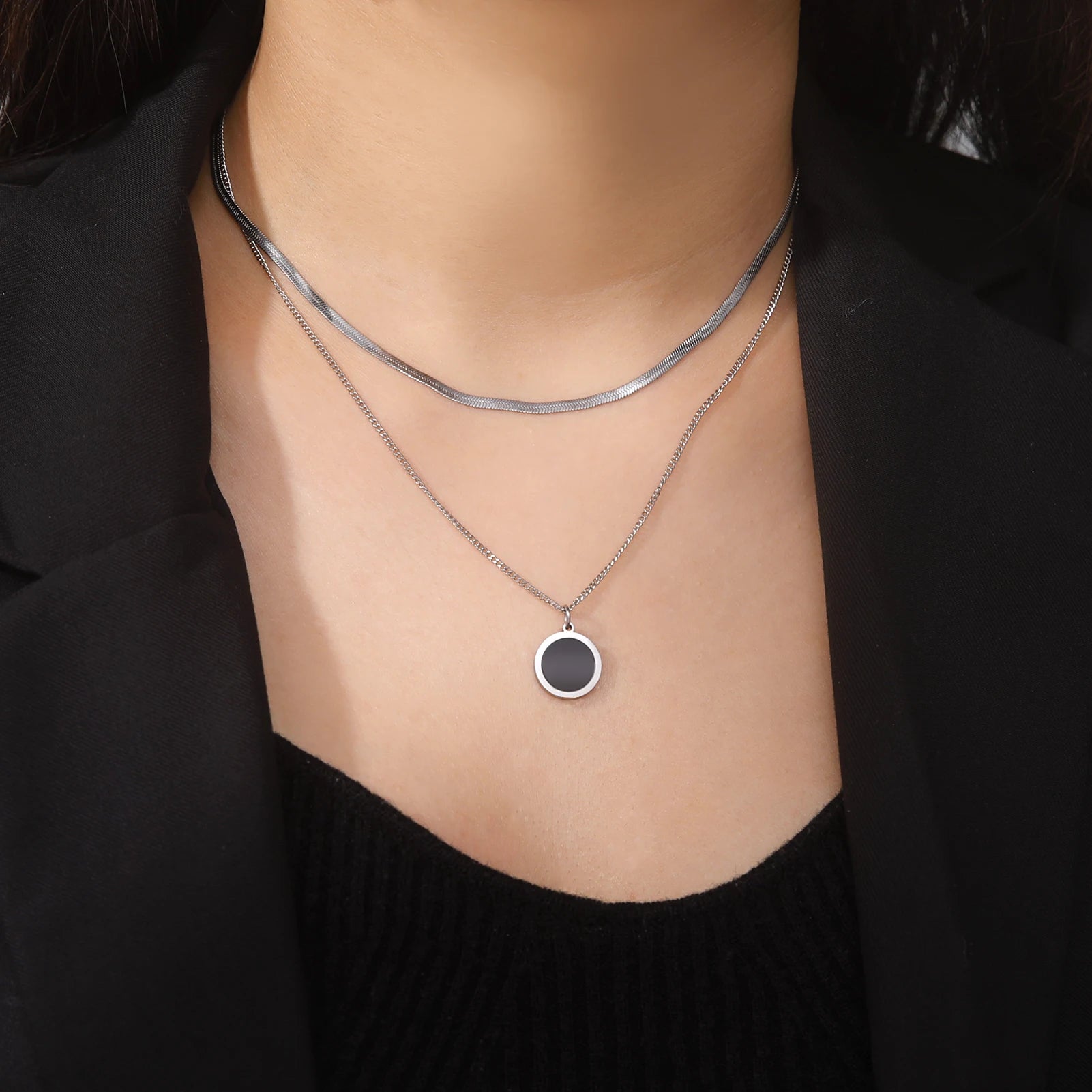 Multilayer Snake Chain Necklace for Women – Stainless Steel Round Disc Pendant (Gold & Steel)