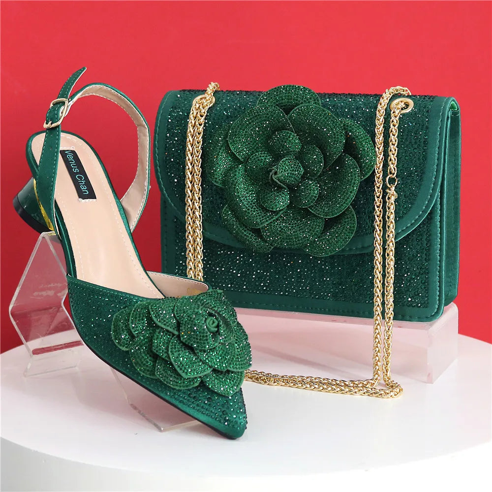 Women’s Peach Rhinestone Shoe & Bag Set – Elegant Slingback Pumps with Pearls Knot