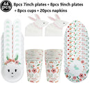 Easter Bunny Disposable Tableware Set – Cute Cartoon Rabbit Paper Plates, Cups & Napkins for Kids Birthday, Easter Parties & Spring Celebrations