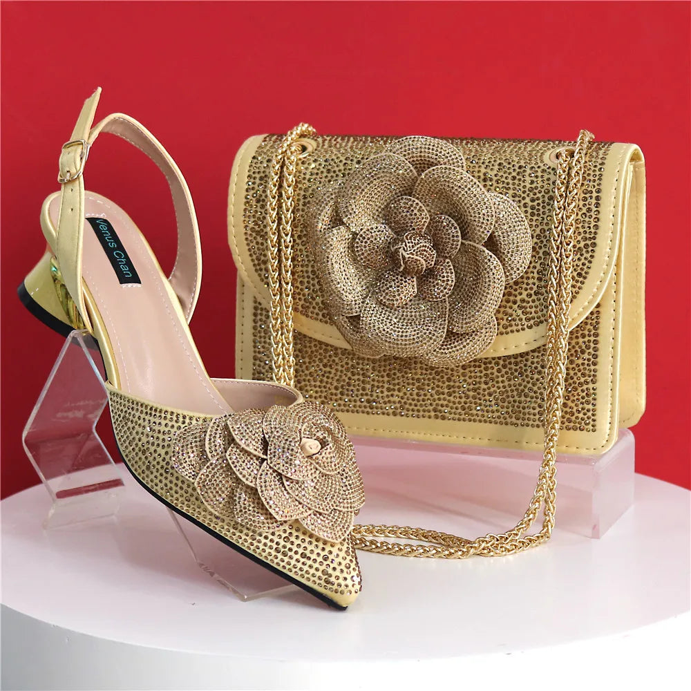 Women’s Peach Rhinestone Shoe & Bag Set – Elegant Slingback Pumps with Pearls Knot