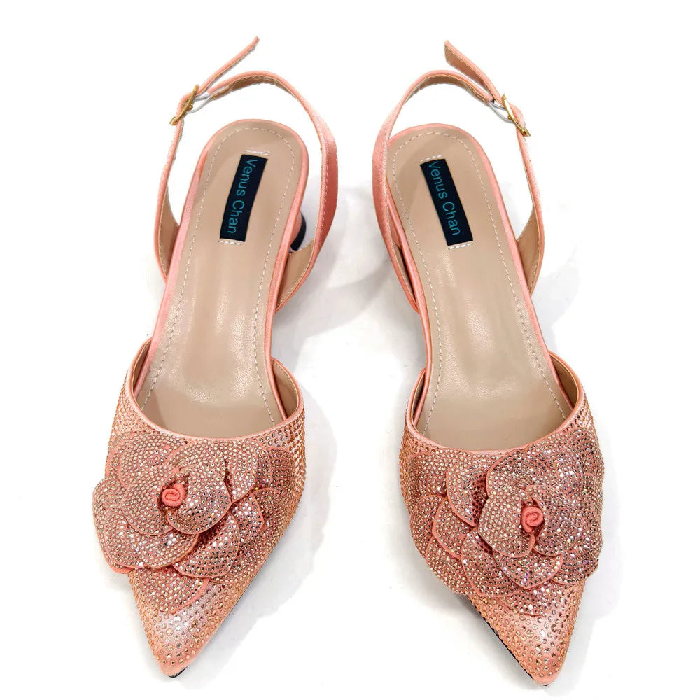 Women’s Peach Rhinestone Shoe & Bag Set – Elegant Slingback Pumps with Pearls Knot
