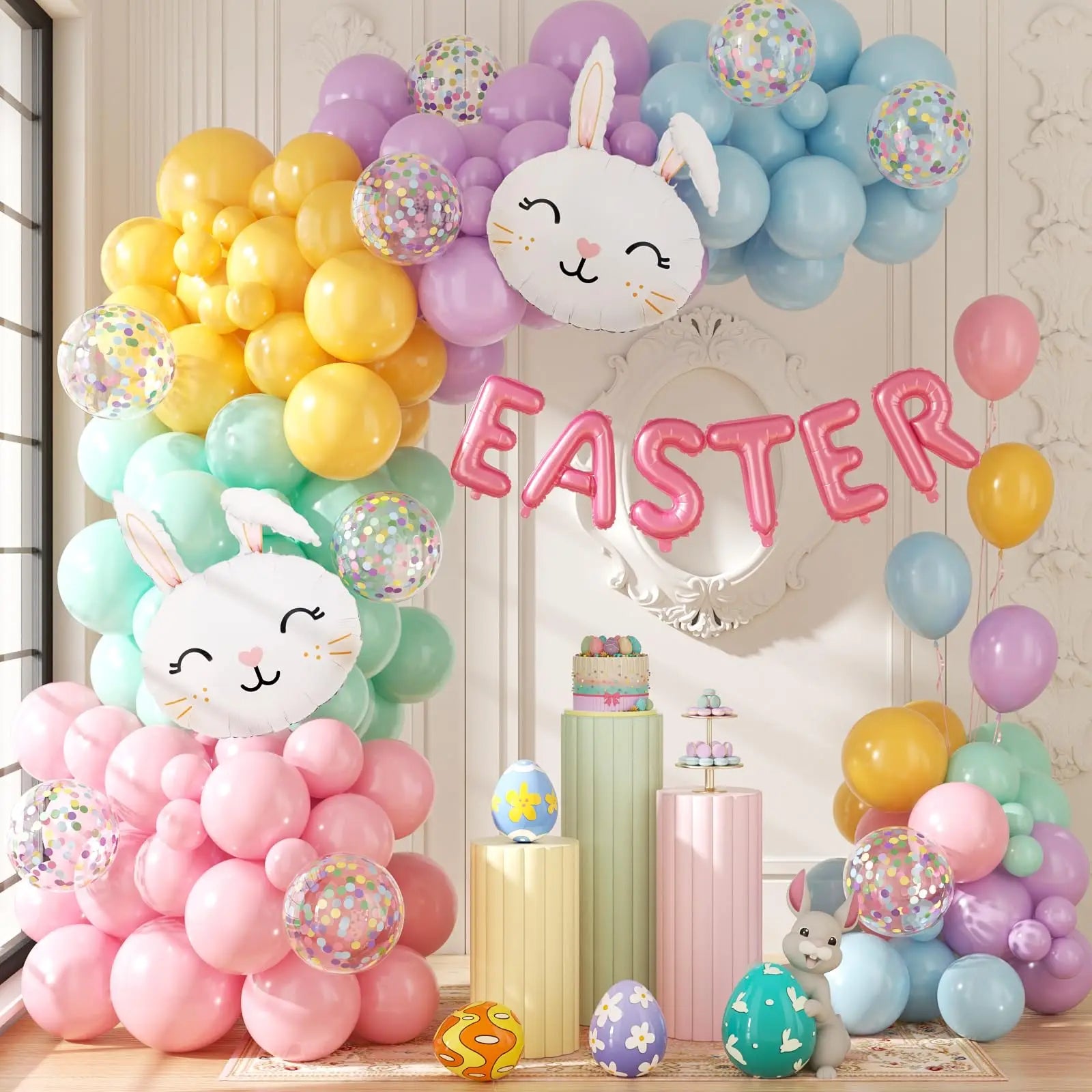Easter Balloon Garland Arch Kit – Happy Easter Bunny Pastel Rainbow Balloons for Egg Hunt, Baby Shower & Spring Birthday Party Decorations (120 PCS)