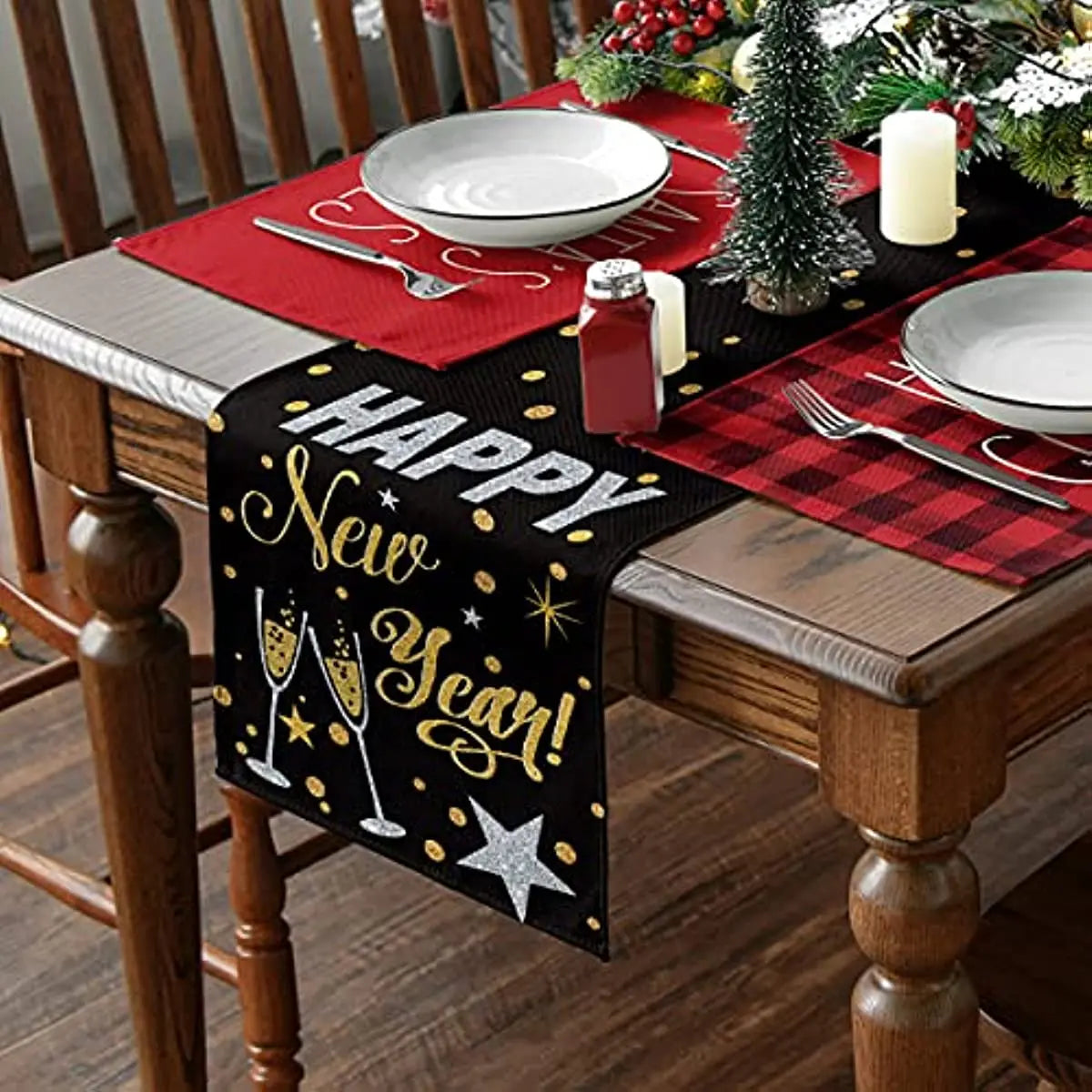 New Years Table Runner - Black and Gold Happy New Year Linen
