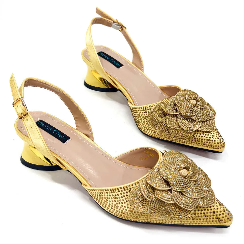 Women’s Peach Rhinestone Shoe & Bag Set – Elegant Slingback Pumps with Pearls Knot