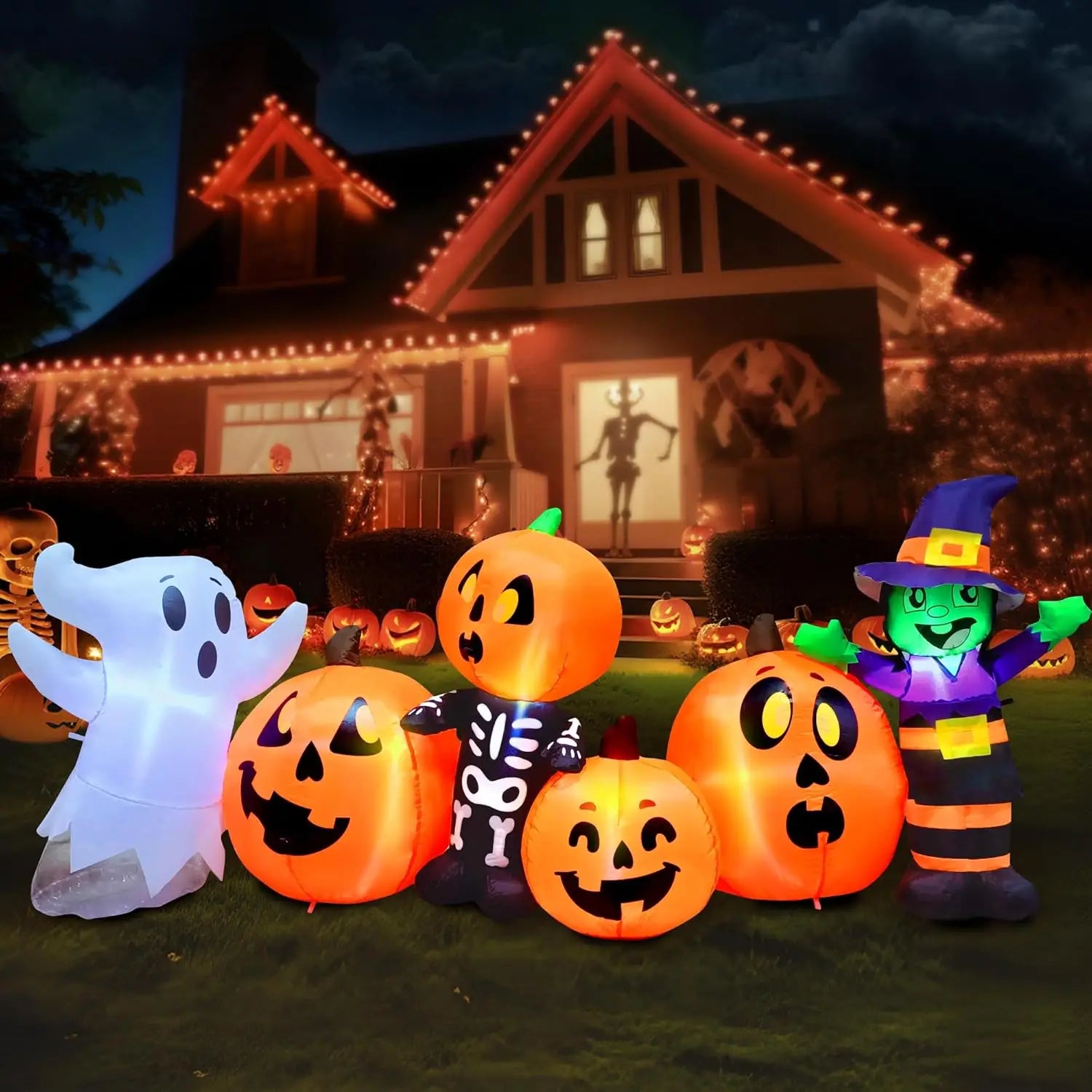 8 ft Halloween Inflatable Witch Ghost Skeleton & Pumpkin Patch | LED Outdoor Yard Decoration