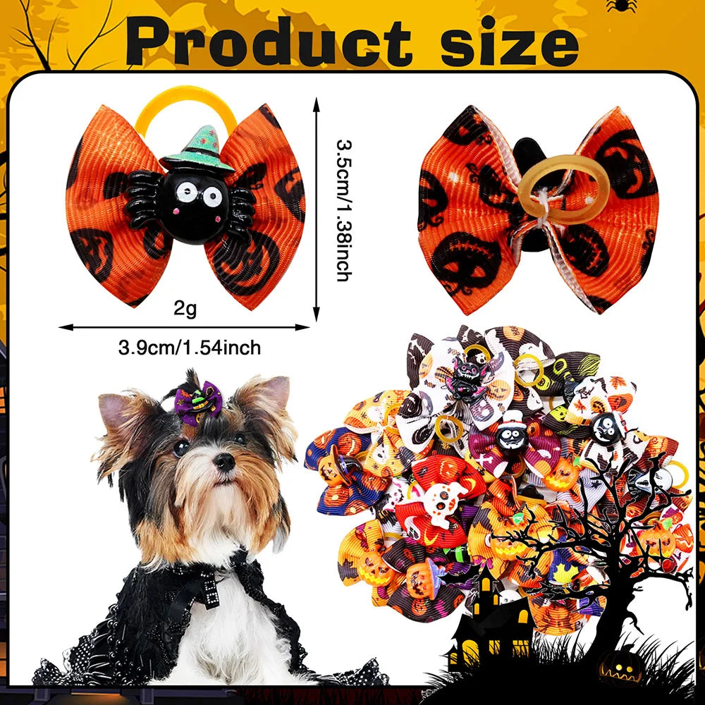 10/20PCS Halloween Pet Dog Hair Bows | Pumpkin Print Rubber Band Bowknots for Small Dogs & Cats
