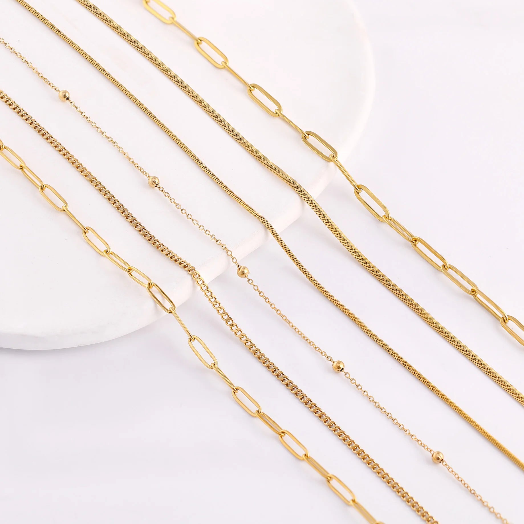 5‑Piece Stainless Steel Chain Necklace Set – Bead, Rope, Cuban, Paperclip & Snake Link Chains for Women, 18K Gold & Steel DIY Jewelry