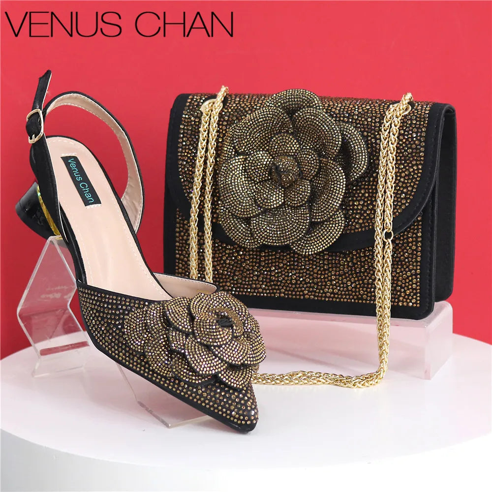 Women’s Peach Rhinestone Shoe & Bag Set – Elegant Slingback Pumps with Pearls Knot