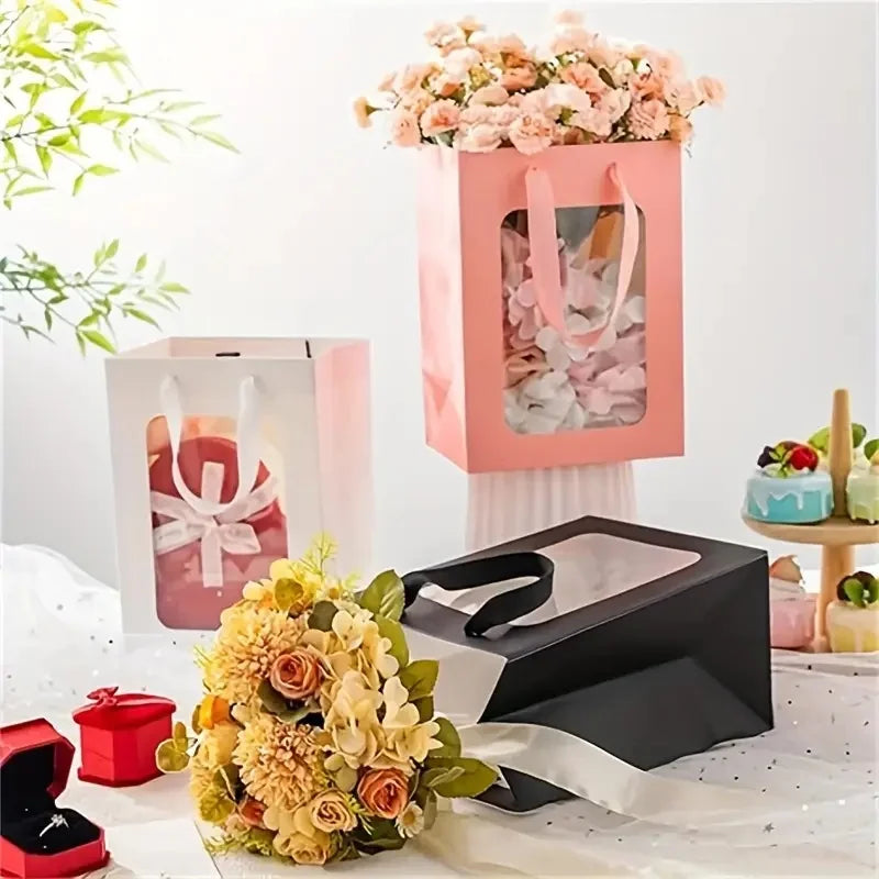 5/10pcs Transparent Window Gift Bags – White & Black Paperboard Packaging Boxes for Weddings, Birthdays, Parties, Baking & Takeout
