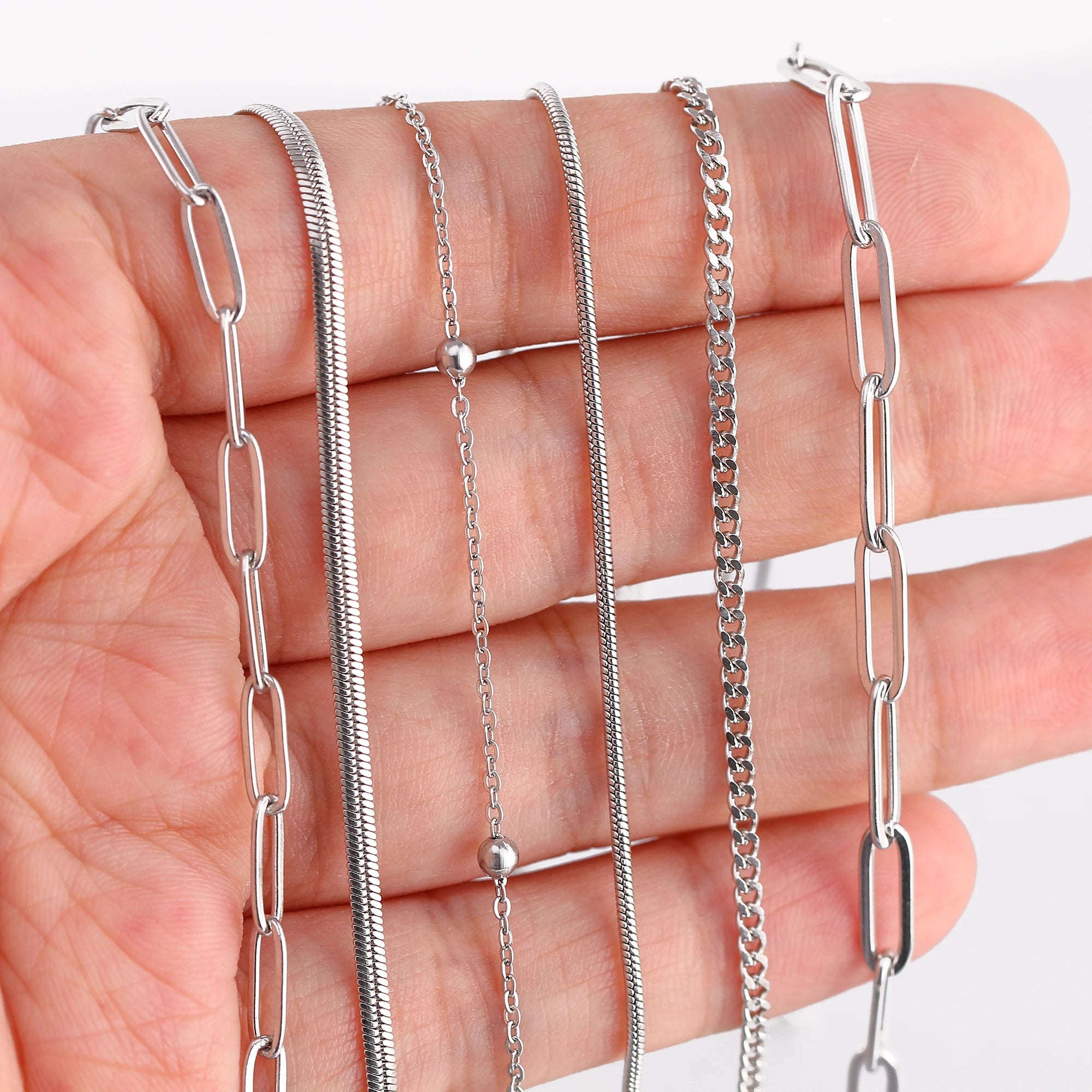 5‑Piece Stainless Steel Chain Necklace Set – Bead, Rope, Cuban, Paperclip & Snake Link Chains for Women, 18K Gold & Steel DIY Jewelry
