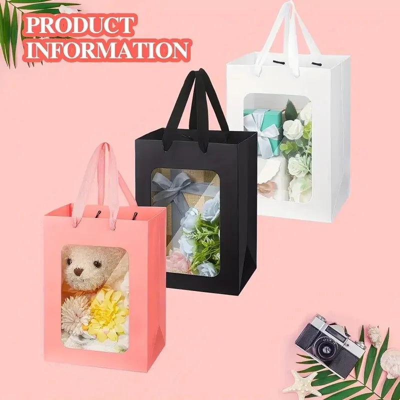 5/10pcs Transparent Window Gift Bags – White & Black Paperboard Packaging Boxes for Weddings, Birthdays, Parties, Baking & Takeout