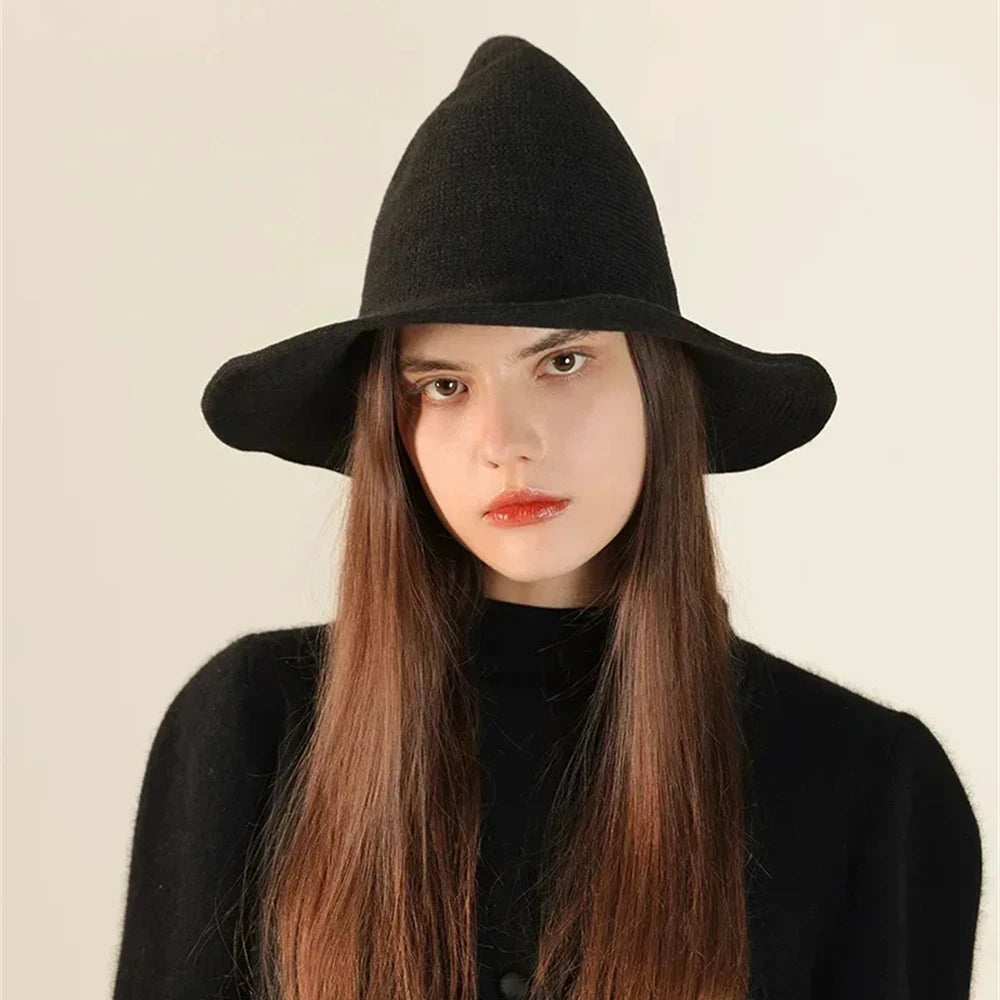 Vintage Wool Witch Hat for Halloween | Foldable Pointed Masquerade Hat | Cosplay Costume Accessory