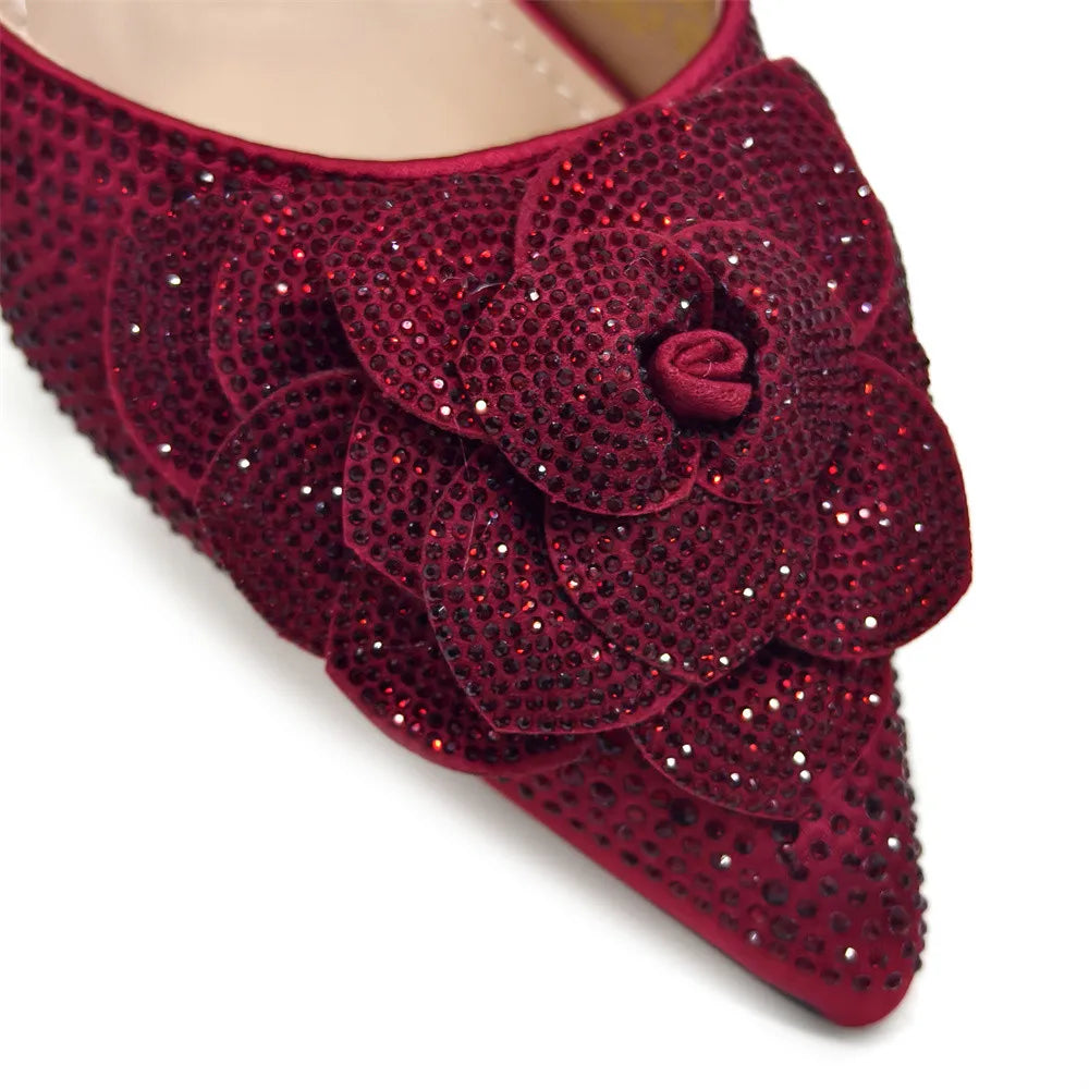 Women’s Peach Rhinestone Shoe & Bag Set – Elegant Slingback Pumps with Pearls Knot