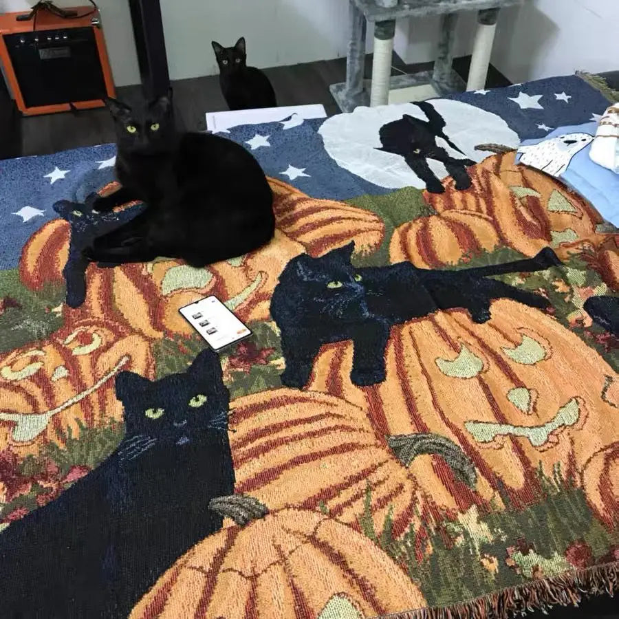 Halloween Pumpkin Cat Tassel Throw Blanket