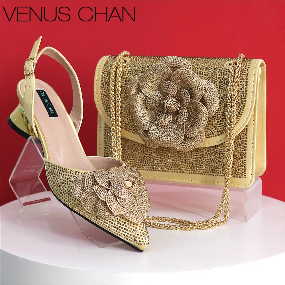 Women’s Peach Rhinestone Shoe & Bag Set – Elegant Slingback Pumps with Pearls Knot