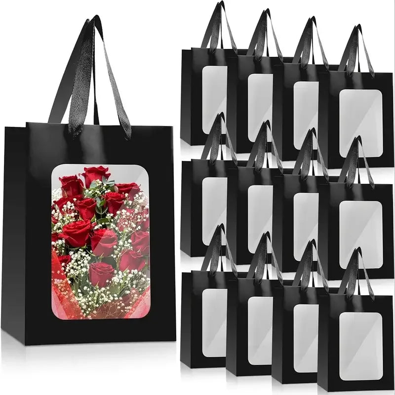5/10pcs Transparent Window Gift Bags – White & Black Paperboard Packaging Boxes for Weddings, Birthdays, Parties, Baking & Takeout