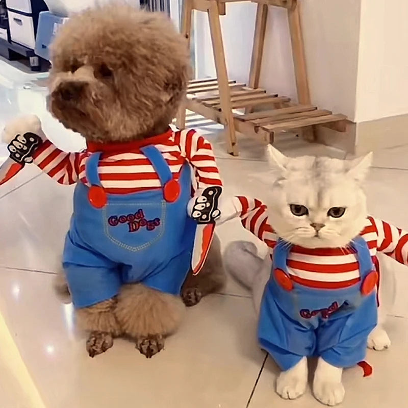 Funny Cat Halloween Costume | Pet Cosplay Jumpsuit for Small & Medium Dogs | Soft Warm Kitten Outfit with Foam Knife
