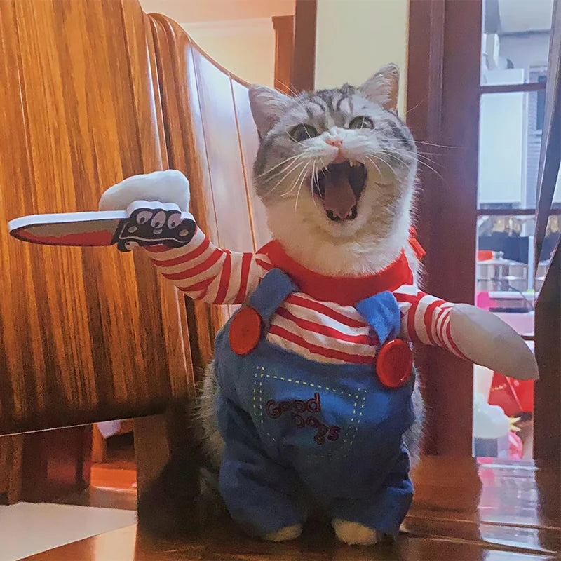 Funny Cat Halloween Costume | Pet Cosplay Jumpsuit for Small & Medium Dogs | Soft Warm Kitten Outfit with Foam Knife