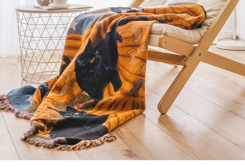 Halloween Pumpkin Cat Tassel Throw Blanket