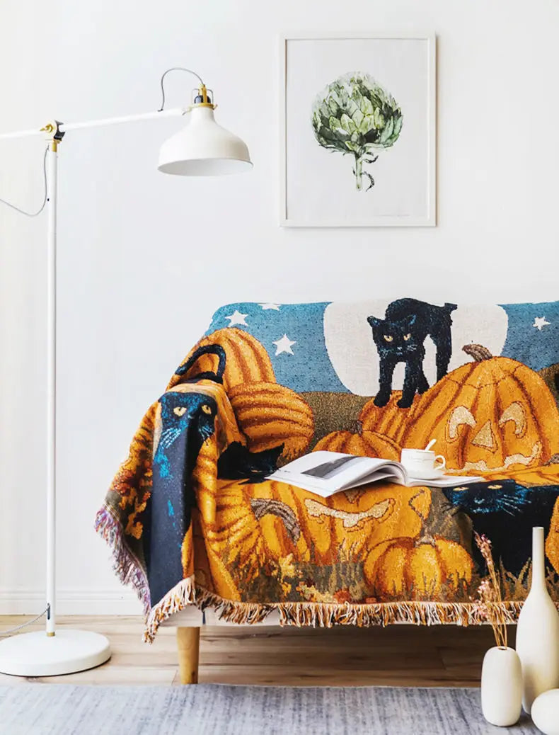 Halloween Pumpkin Cat Tassel Throw Blanket