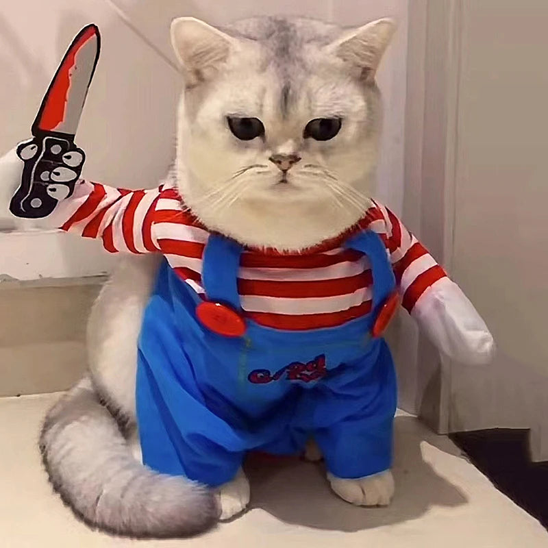 Funny Cat Halloween Costume | Pet Cosplay Jumpsuit for Small & Medium Dogs | Soft Warm Kitten Outfit with Foam Knife