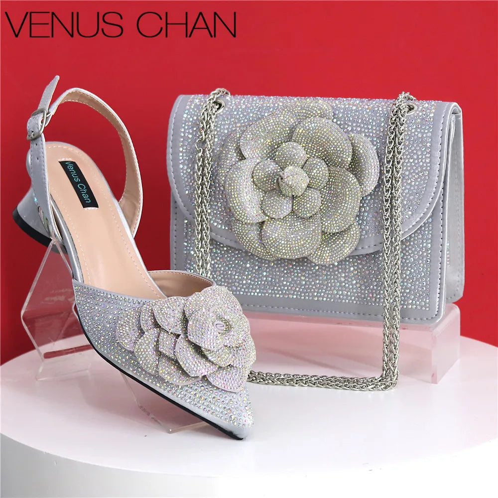 Women’s Peach Rhinestone Shoe & Bag Set – Elegant Slingback Pumps with Pearls Knot