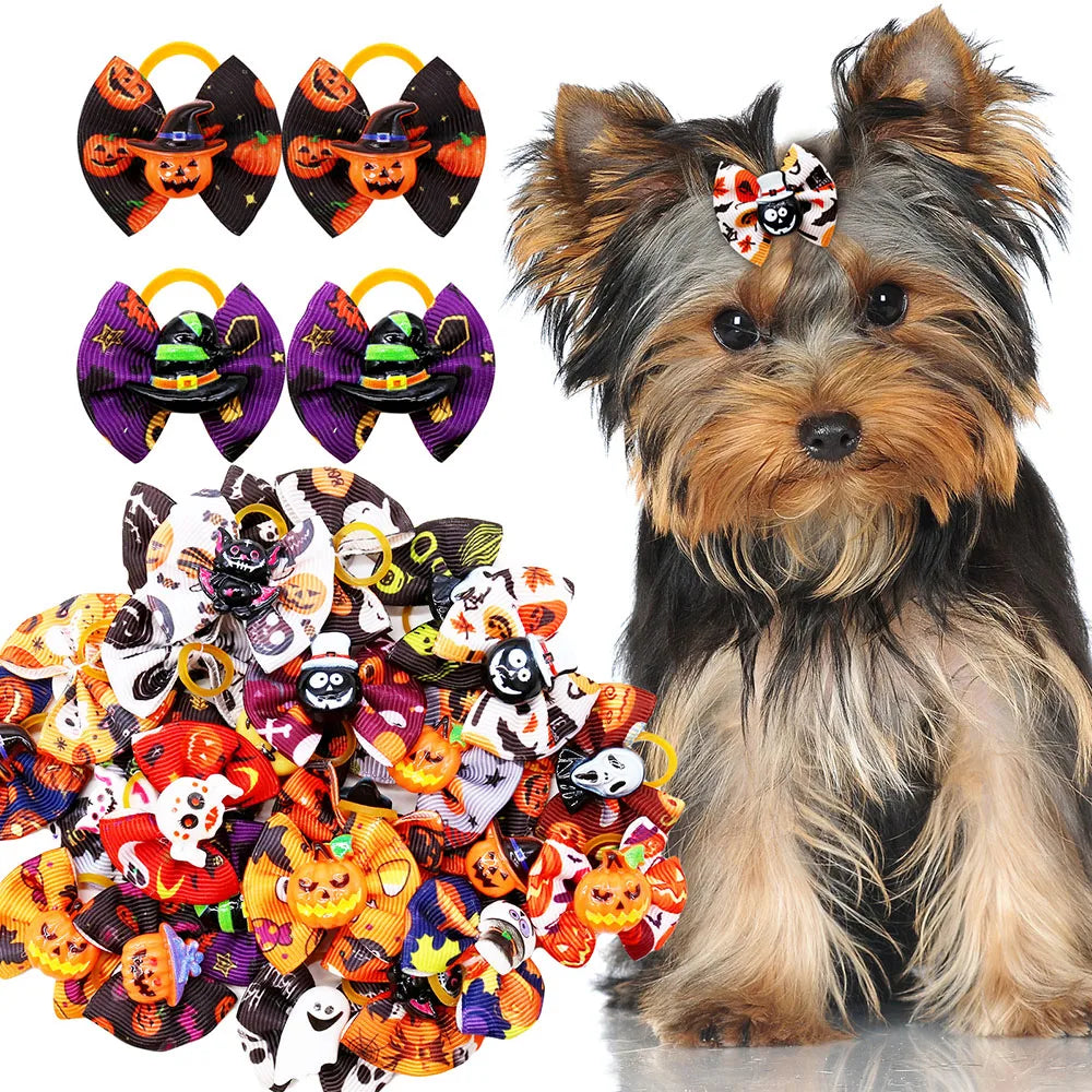 10/20PCS Halloween Pet Dog Hair Bows | Pumpkin Print Rubber Band Bowknots for Small Dogs & Cats