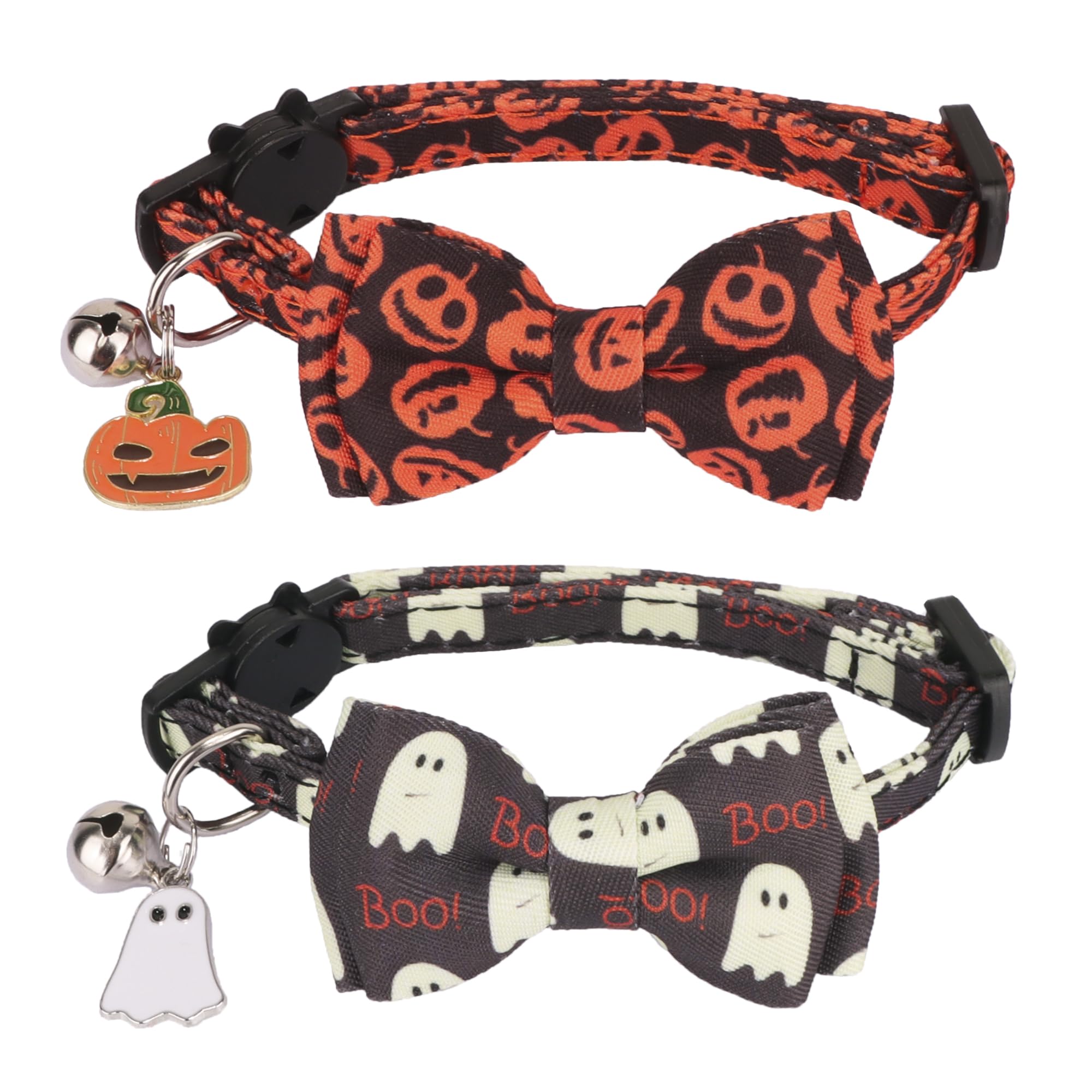 Halloween Cat Collar 2‑Pack – Breakaway Kitten Collars with Bowtie & Bell | Pumpkin & Ghost Patterns