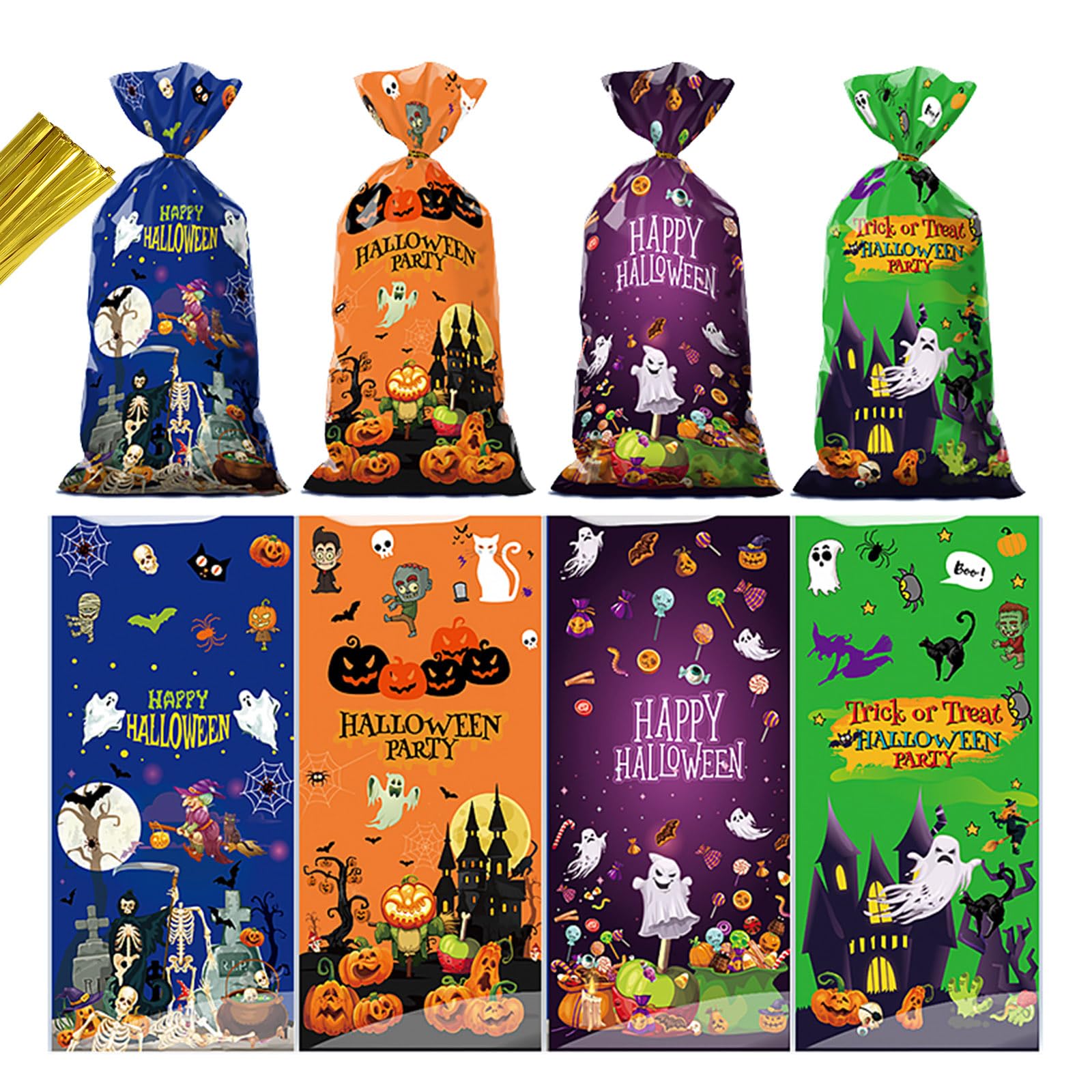 50 PCS Halloween Treat Bags – Cellophane Candy Bags with Twist Ties | Trick‑or‑Treat Goodie Bags in 4 Styles